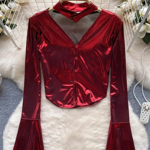 Load image into Gallery viewer, Vintage Solid Sexy Slim High Quality T Shirt Women Elegant Short Tops Spring Autumn Club Party Flared Long Sleeve Tee Shirt Chic
