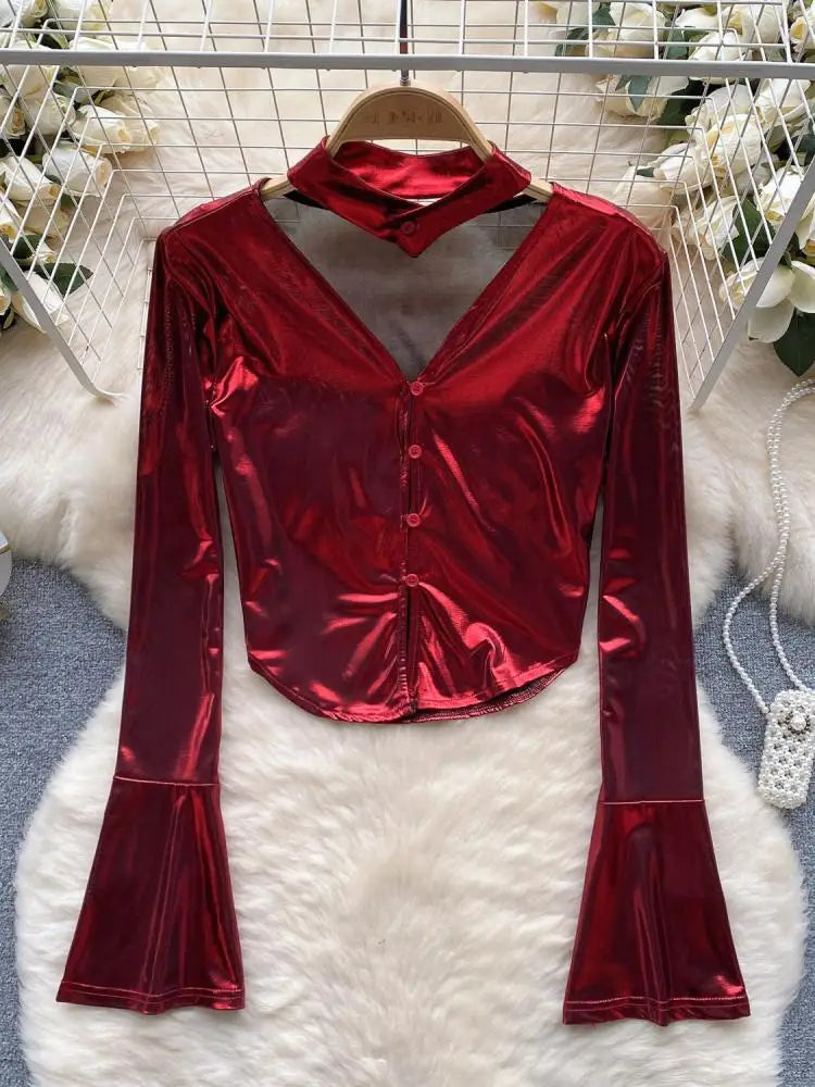 Vintage Solid Sexy Slim High Quality T Shirt Women Elegant Short Tops Spring Autumn Club Party Flared Long Sleeve Tee Shirt Chic