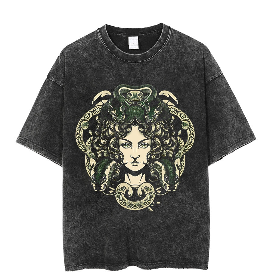 Vintage Washed Tshirts Anime T Shirt Harajuku Oversize Tee Cotton fashion Streetwear unisex top Medusa