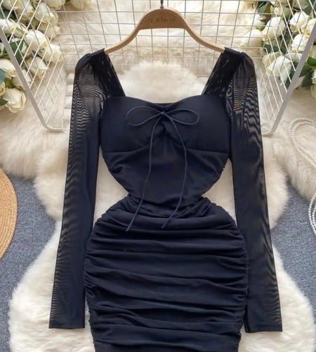 Autumn Women Fashion Black Pink Elegant Sexy Temperament Mesh Short Dress French Purple Square Collar Lace-up Pleated Mini Dress