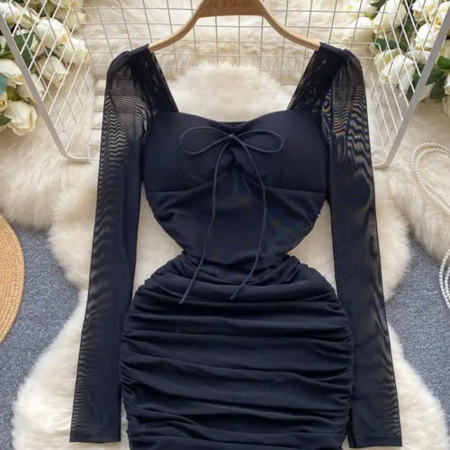 Load image into Gallery viewer, Autumn Women Fashion Black Pink Elegant Sexy Temperament Mesh Short Dress French Purple Square Collar Lace-up Pleated Mini Dress
