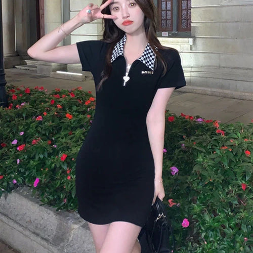 Load image into Gallery viewer, Korean Black Plaid Dress Women Kpop Polo Collar Bodycon Wrap Mini Short Dresses Fashion Sheath Slim Outfits
