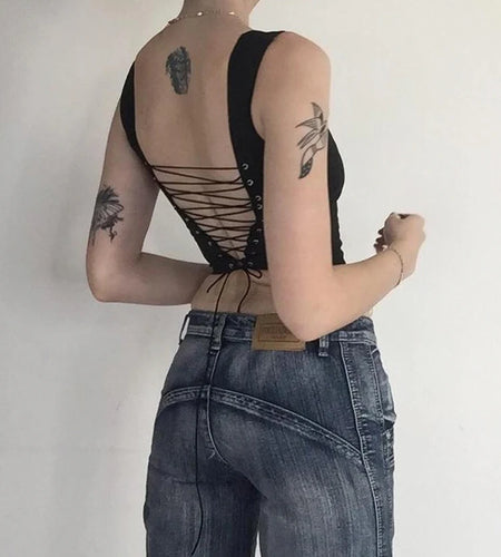 Casual Dark Academia Bandage Skinny Tank Top for Women Gothic Lace Up Backless Summer Vest Mini Corset Summer Cropped