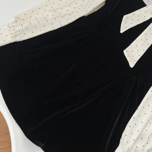 Load image into Gallery viewer, Autumn Vintage Black Dot Velvet Patchwork Elegant Long Sleeve Bow Mini Dress French Women Birthday Party Short Dress Fashion New

