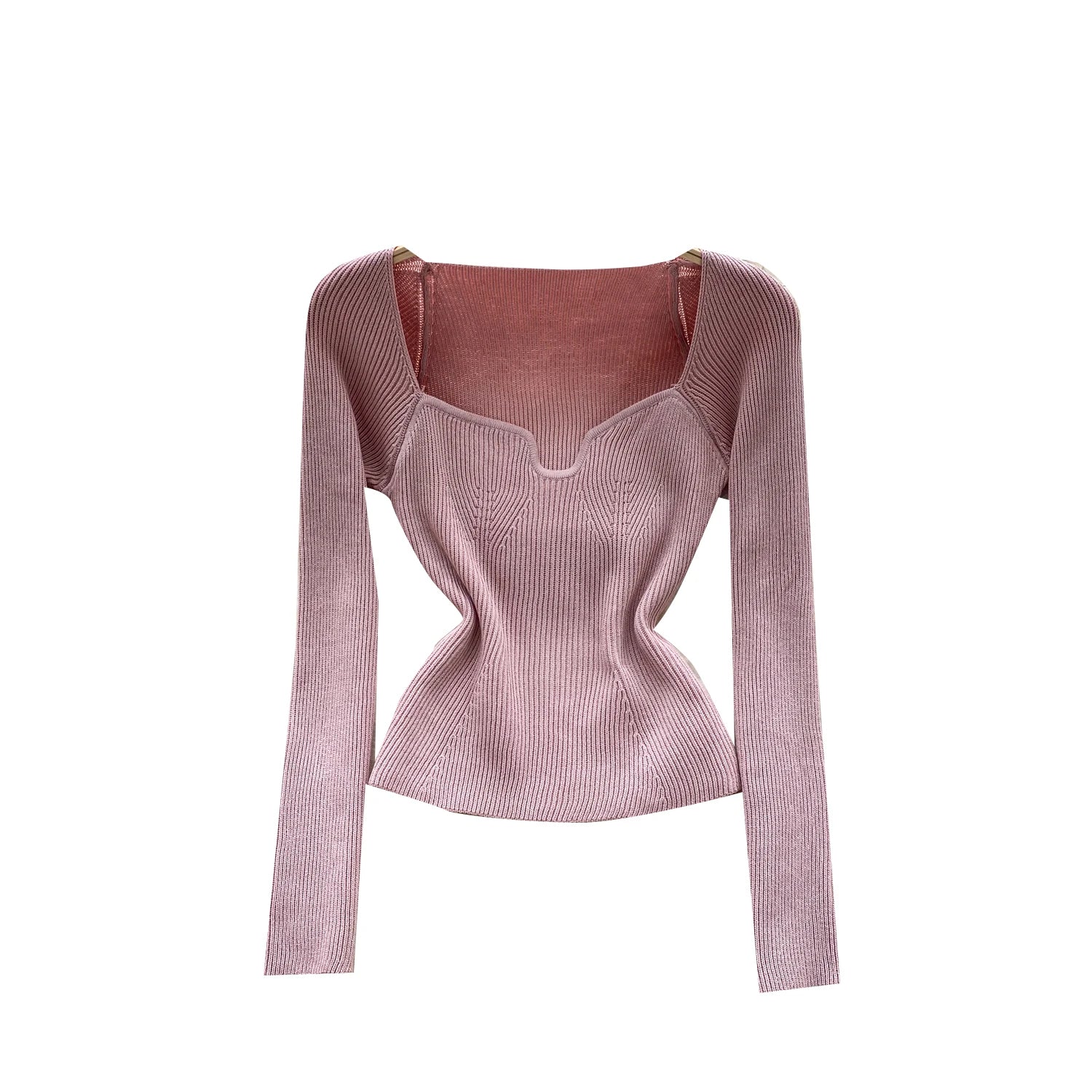 Fashion Solid Knitted Square Collar Long Sleeves Slim Fit Tops Women France Autumn Office Lady Elegant Pullover Sweater Popular