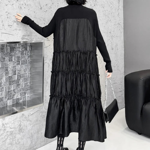 Load image into Gallery viewer, Women Black Knitting Beads Pleated Big Size Midi Dress New Round Neck Long Sleeve Fashion Tide Spring Autumn 2025 1DH9219

