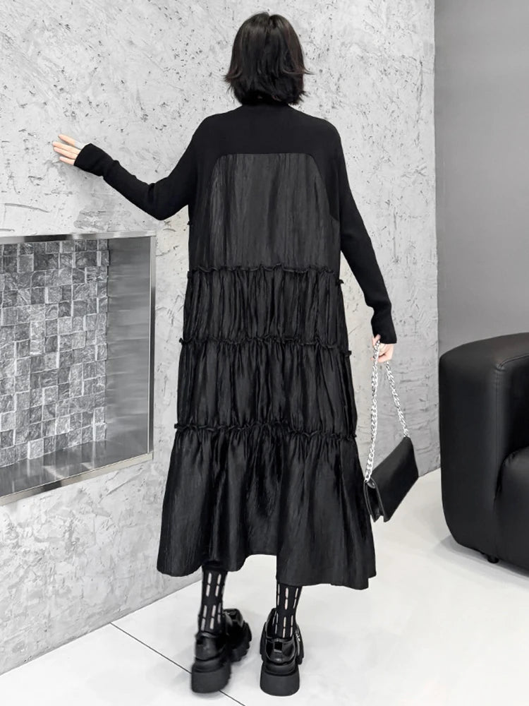 Women Black Knitting Beads Pleated Big Size Midi Dress New Round Neck Long Sleeve Fashion Tide Spring Autumn 2025 1DH9219