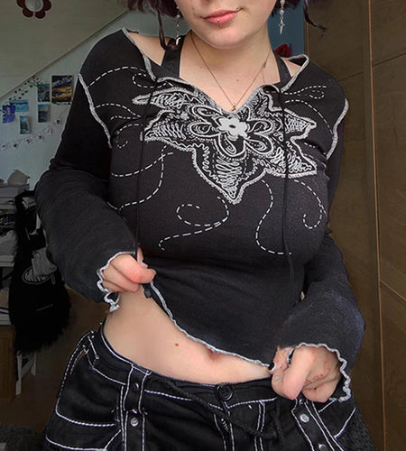 Grunge Fairycore y2k Autumn Tee Shirts Slim Graphic Print Women's T-shirts 90s Stitch Gothic Tops Cropped Aesthetic