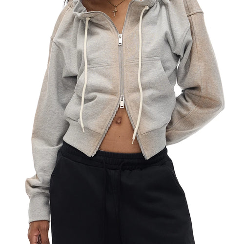 Load image into Gallery viewer, Solid Spliced Zipper Sweatershirts For Women Slash Neck Long Sleeve Patchwork Lace Up Top Female Fashion Style New
