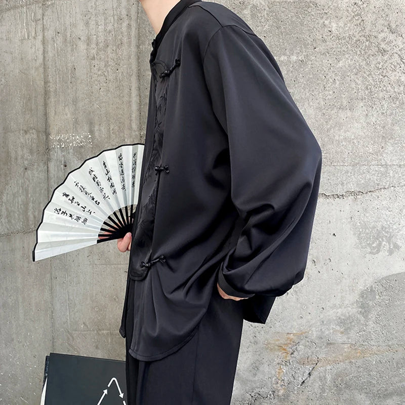 Men's Shirts Long Sleeve New Chinese Style Personalized Stand Collar  Button Design Solid Color Handsome Male Top 9W1789