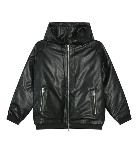 High Street Men's Padded Jackets Hooded Drawstring Solid Color PU Leather Zipper Patchwork Casual Male Cotton Coats 9C8976