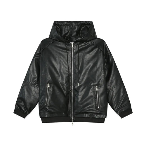 Load image into Gallery viewer, High Street Men&#39;s Padded Jackets Hooded Drawstring Solid Color PU Leather Zipper Patchwork Casual Male Cotton Coats 9C8976
