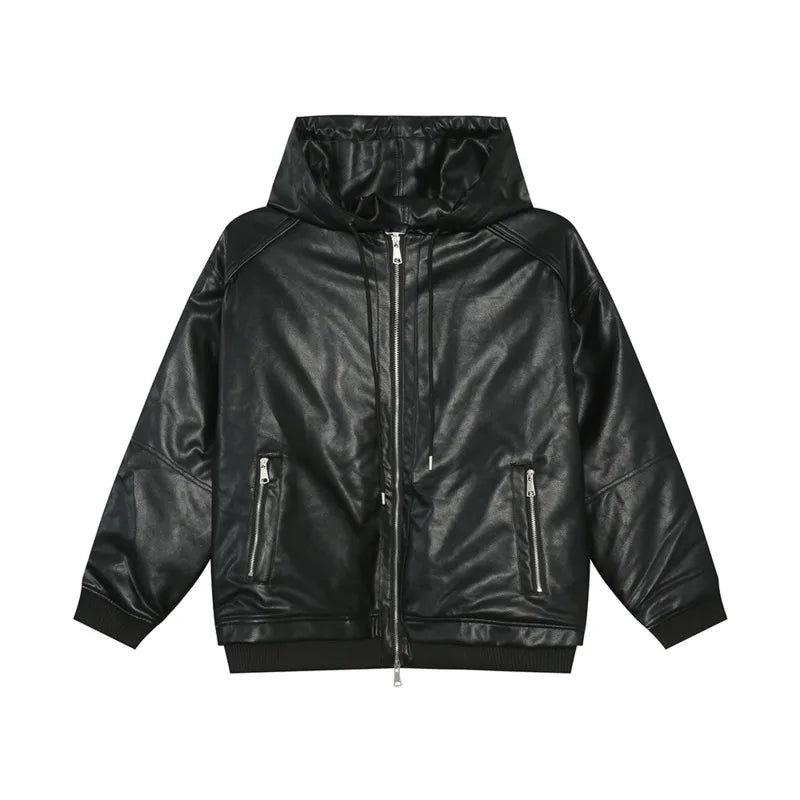 High Street Men's Padded Jackets Hooded Drawstring Solid Color PU Leather Zipper Patchwork Casual Male Cotton Coats 9C8976