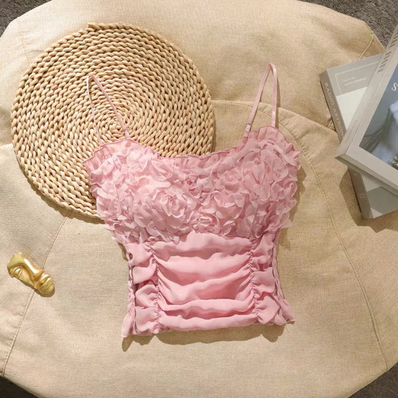 y2k Camisole Women Clothes 3D Flower Frill Trim Scoop Neck Spaghetti Strap Backless Padded Crop Tops 2000s Clothing
