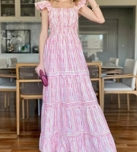 Colorblock Striped Dress For Women Square Collar Sleeveless Patchwork Ruffles High Waist Dresses Female 2022 Summer Clothing