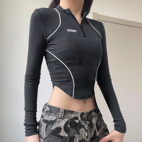 Load image into Gallery viewer, Harajuku Stripe Stitch Zipper Fitness Autumn T-shirt Women Tops Japanese Y2K Moto&amp;Biker Style Long Sleeve Tee Outfits
