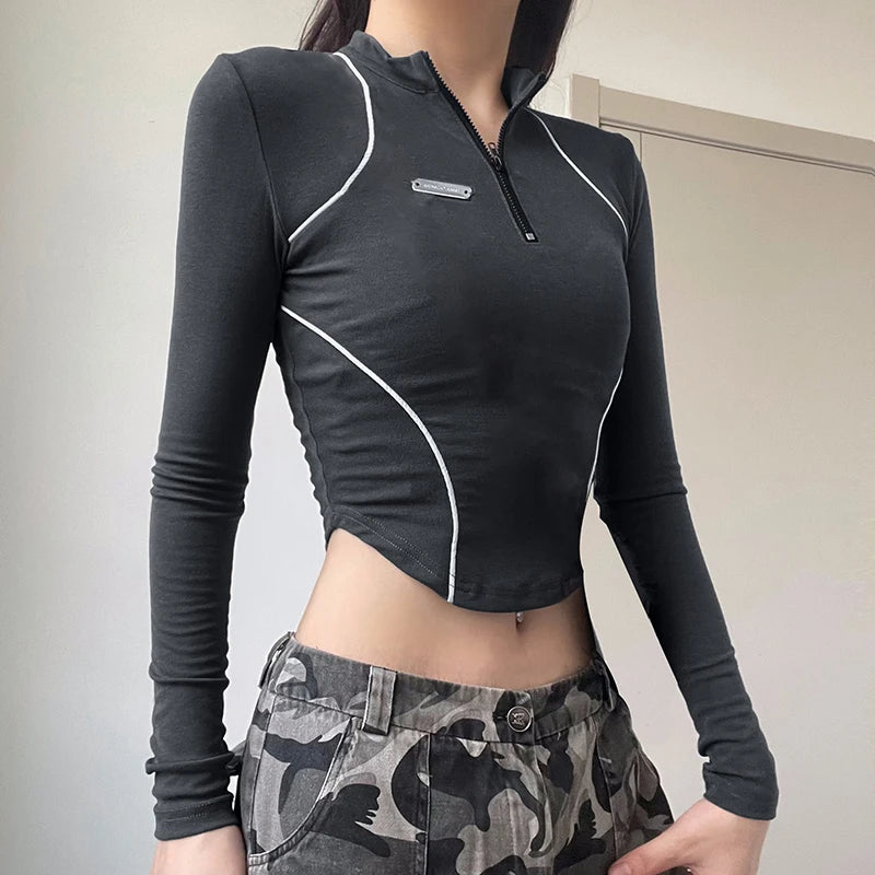 Harajuku Stripe Stitch Zipper Fitness Autumn T-shirt Women Tops Japanese Y2K Moto&Biker Style Long Sleeve Tee Outfits