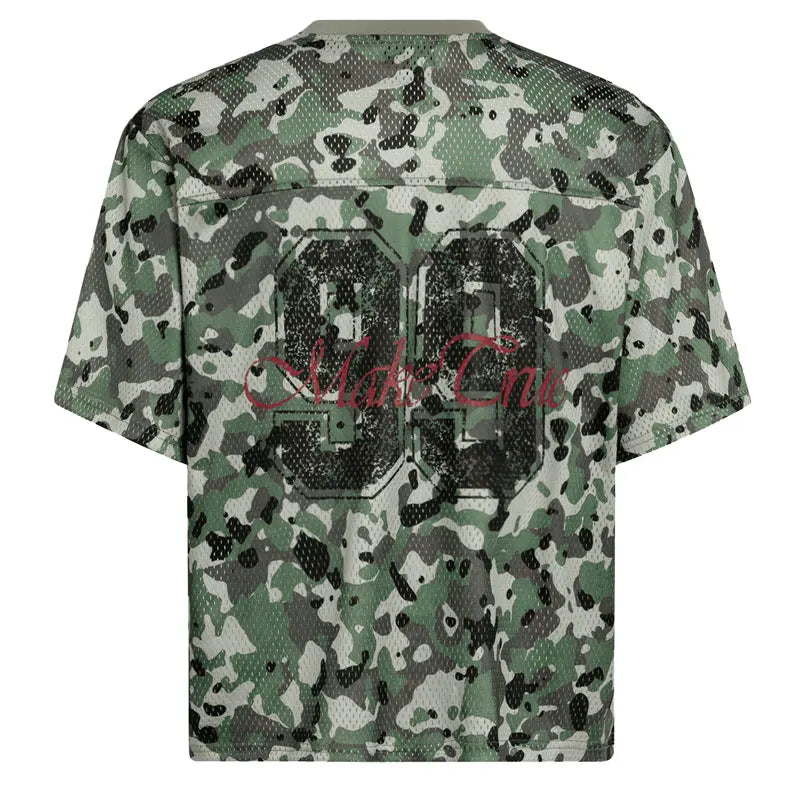 Men Vintage Mesh Jersey T-Shirt Y2K Graphic Printed Camouflage Tshirt Streetwear Hip Hop Punk Gothic V-Neck Breathable Top Tee