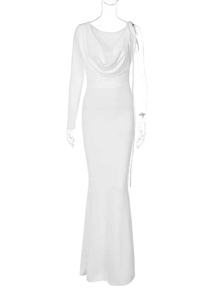 Elegant Backless Sexy Maxi Dress For Women Robe 2023 Spring New V Neck One Sleeve Lace-up Party Long Dress Vestido