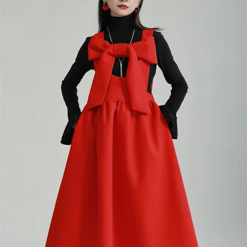 Load image into Gallery viewer, Women Gray Bow Bandage Spliced Long Elegant Woolen Dress New Sleeveless Loose Fit Fashion Tide Autumn Winter 2025 1DF3527
