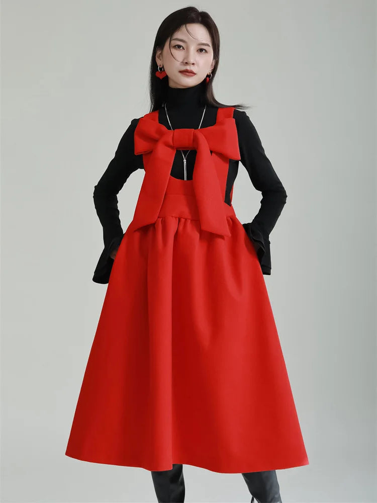 Women Gray Bow Bandage Spliced Long Elegant Woolen Dress New Sleeveless Loose Fit Fashion Tide Autumn Winter 2025 1DF3527