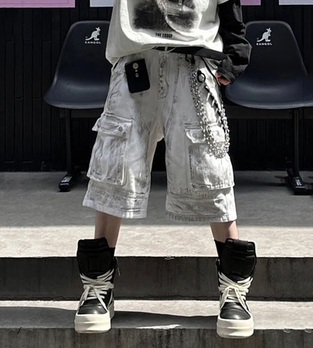 American Style Men's Denim Shorts Worn-out Big Pockets Overall Straight Wide Leg Male Casual Jeans Niche Design 9C6702