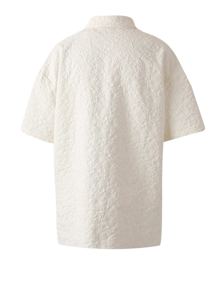 Women Beige Jacquard 3d Flower Big Size Elegant Blouse New Lapel Short Sleeve Shirt Fashion Spring Summer 2025 CPG3212