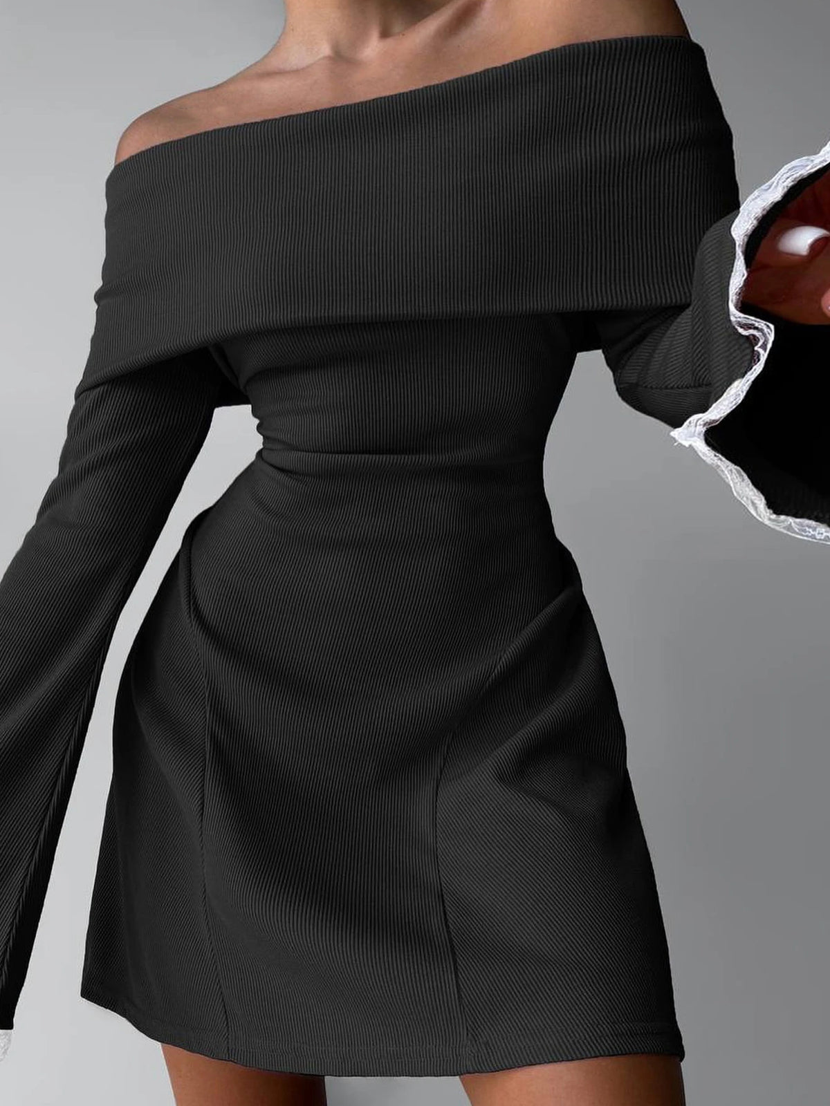 Slash Neck Long Sleeve Solid Patchwork Sexy Bodycon Mini Prom Dress Winter Women Elegant Outfits Evening Party New Year