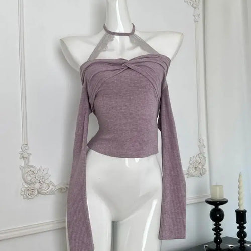 Load image into Gallery viewer, Vintage Black Lace Off Shoulder Elegant Halter Lace-up Knit Tops French Autumn Purple Backless Long Sleeve Festival T Shirt Chic
