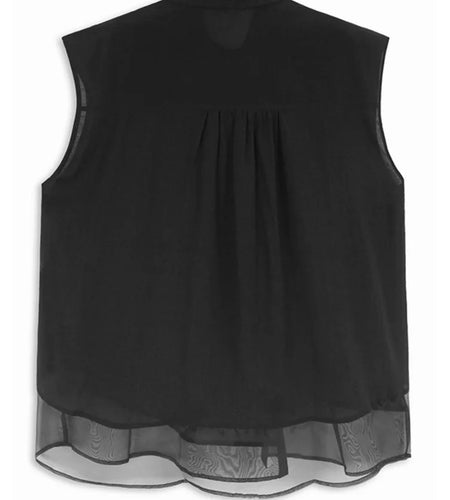 Women Black Pleated Mesh Spliced Thin Big Size Blouse New Lapel Sleeveless Shirt Fashion Tide Spring Summer 2025 1DJ0139