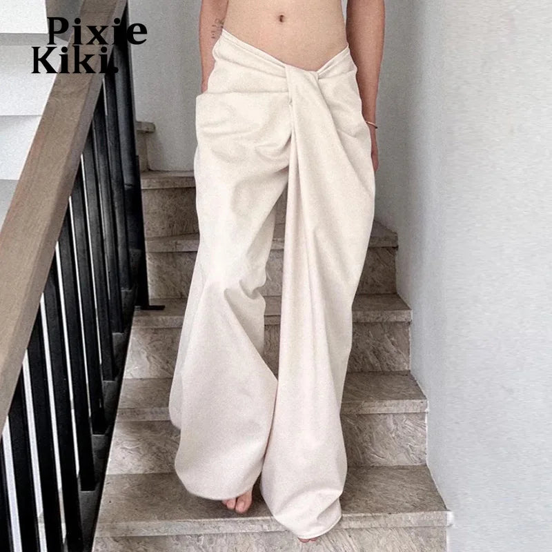 Asymmetrical Twist Low Waisted Baggy Pants Casual Wide Leg Pants White Black Trousers Womens Clothing 2024  P77-CI40