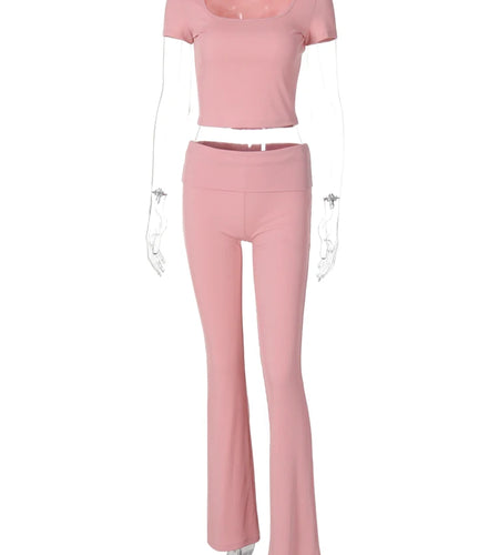 Ribbed 2 Piece Sets Solid Square Collar Short Sleeve Sexy Crop T-Shirt Pants Summer Women Casual Outfits Sport Vacation