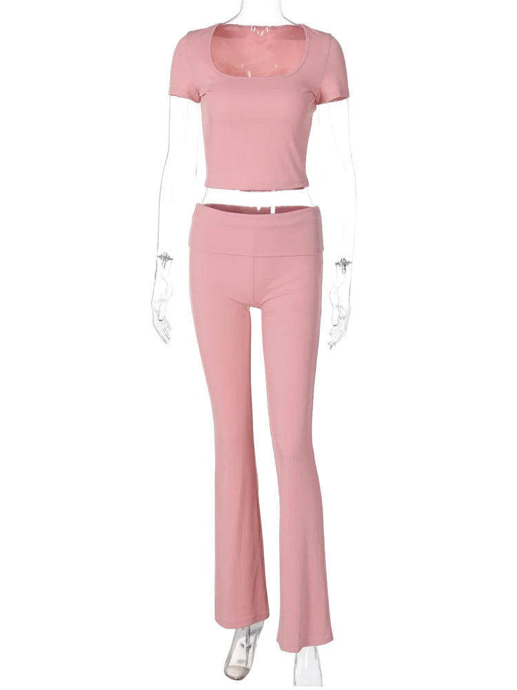 Ribbed 2 Piece Sets Solid Square Collar Short Sleeve Sexy Crop T-Shirt Pants Summer Women Casual Outfits Sport Vacation