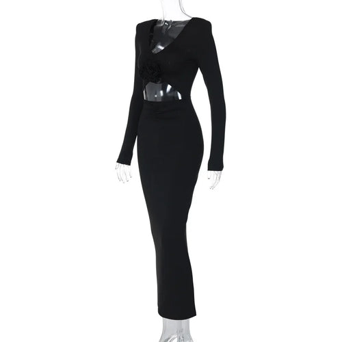 Load image into Gallery viewer, Elegant Flower Hollow Out Midi Dress For Women Black V Neck Long Sleeve Bodycon Sexy Dress Female Skinny Party Dress
