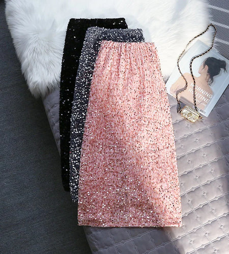 Korean Style Fashion Sequin Design Long Skirts For Women All Season Ladies Casual Streetwear All Match Sexy Split Midi Skirt
