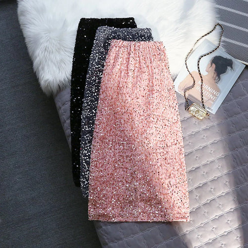 Load image into Gallery viewer, Korean Style Fashion Sequin Design Long Skirts For Women All Season Ladies Casual Streetwear All Match Sexy Split Midi Skirt
