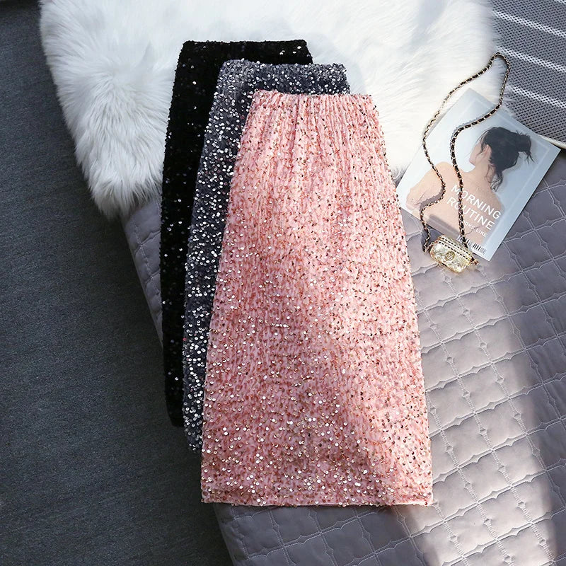 Korean Style Fashion Sequin Design Long Skirts For Women All Season Ladies Casual Streetwear All Match Sexy Split Midi Skirt