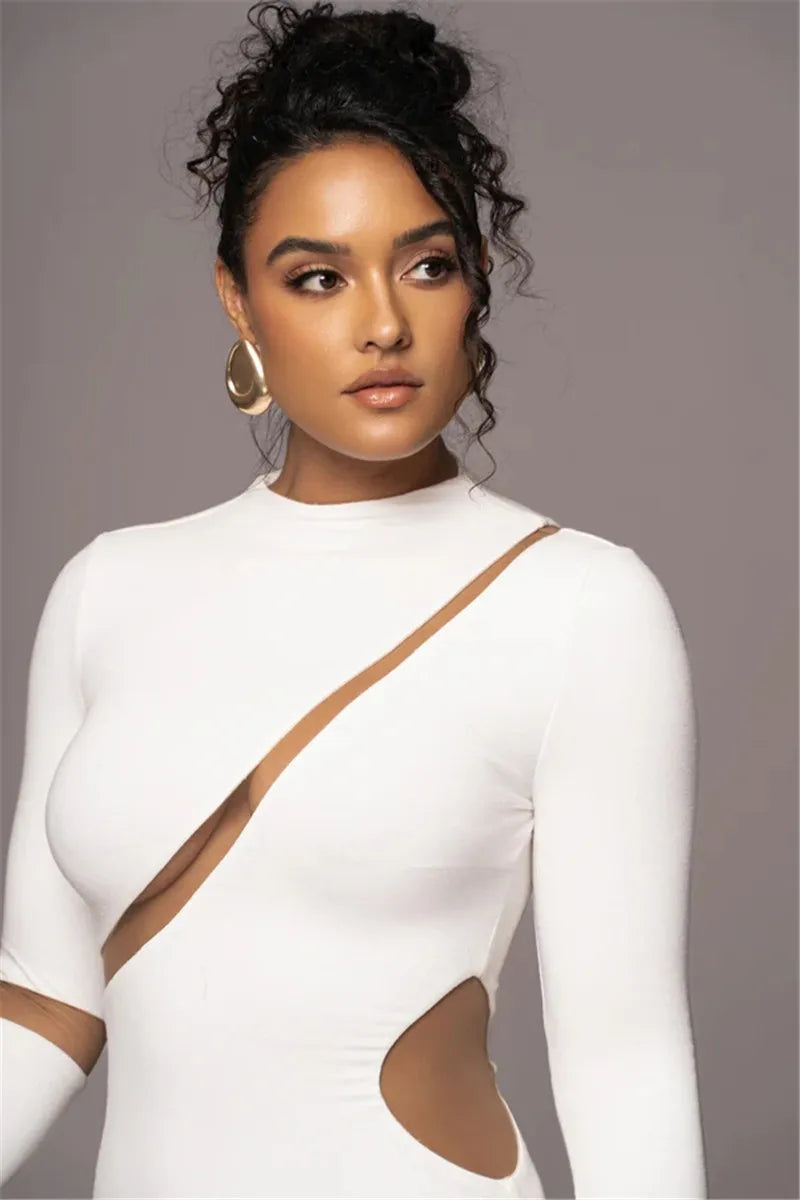 Turtleneck Long Sleeve Bodycon Maxi Dress For Women Autumn New Patchwork Hollow Out Club Party Sexy Long Dress Vestidos