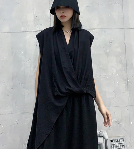 Women White Big Size Irregular Knot Casual Solid T-shirt New V-Neck Sleeveless Fashion Tide Spring Summer 2025 1DD7644