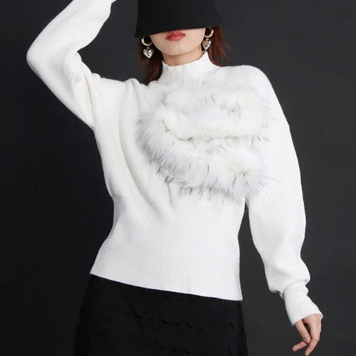 Load image into Gallery viewer, Korean Fashion Patchwork Feather Knitting Sweater For Women Stand Collar Lantern Sleeve Solid Sweaters Female Style
