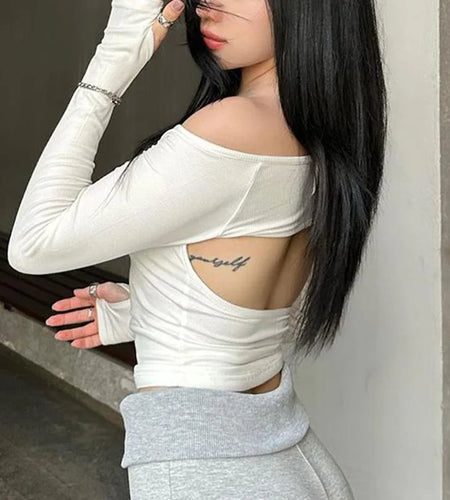 Off Shoulder Top y2k Clothing Women Rhinestone Bow Print Long Sleeve Backless T Shirt Fairy Grunge Clothes Streetwear