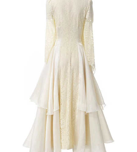 Solid Spliced Lace Up Long Dresses For Women O Neck Long Sleeve High Waist Temperament Dress Female Fashion Style