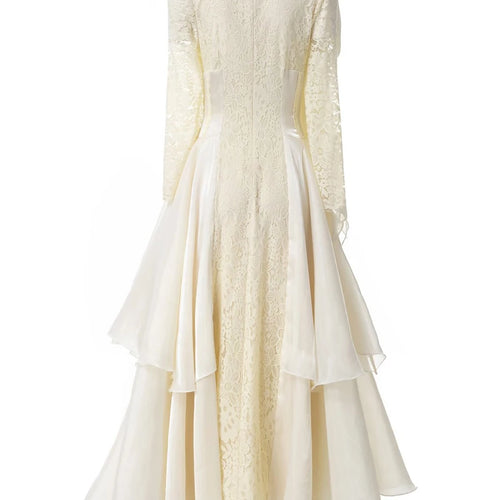 Load image into Gallery viewer, Solid Spliced Lace Up Long Dresses For Women O Neck Long Sleeve High Waist Temperament Dress Female Fashion Style
