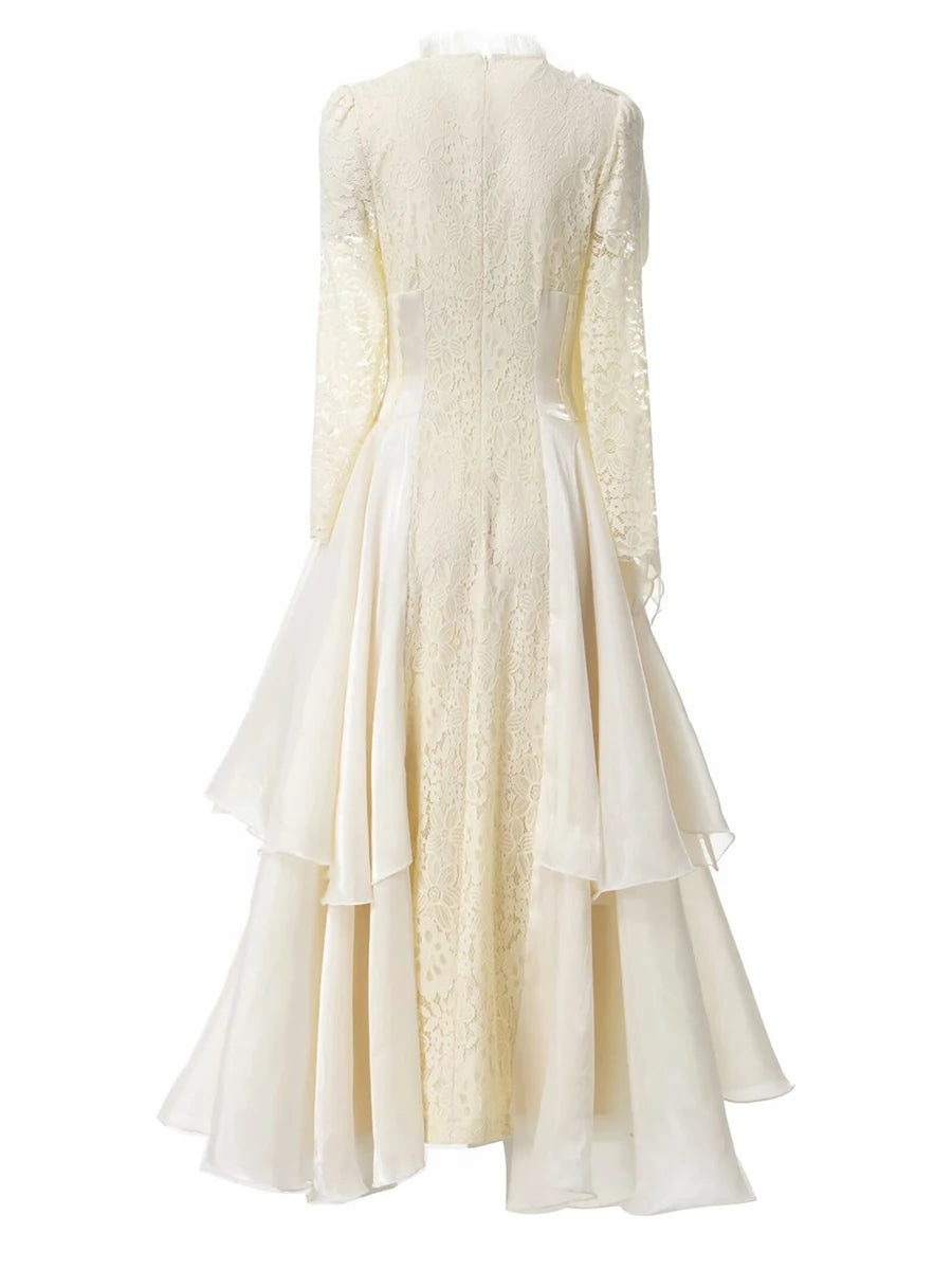 Solid Spliced Lace Up Long Dresses For Women O Neck Long Sleeve High Waist Temperament Dress Female Fashion Style