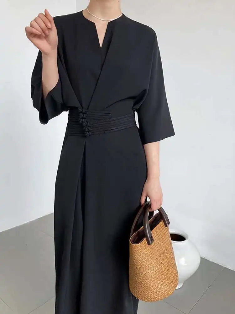 Women Black Buckle Long Elegant Dress New Round Neck Three-quarter Sleeve Loose Fit Fashion Spring Autumn 2025 1DE7880