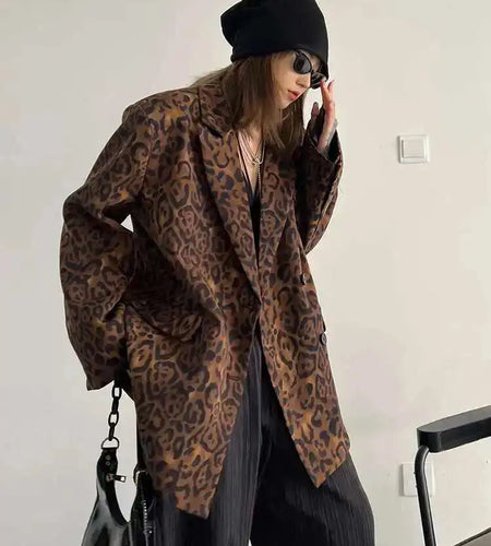 Women Leopard Print Big Size Casual Blazer New Lapel Long Sleeve Loose Fit Jacket Fashion Tide Spring Autumn 2025 1DF2518