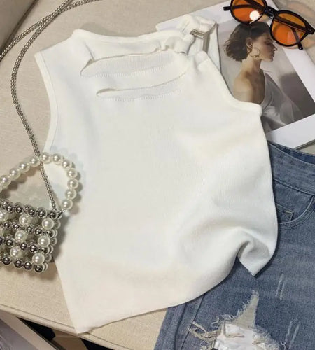 Women Fashion White Sleeveless Elegant Knit Short Vest Summer Black Sexy Club Hollow Out Tops Popular Vestidos Casual Streetwear