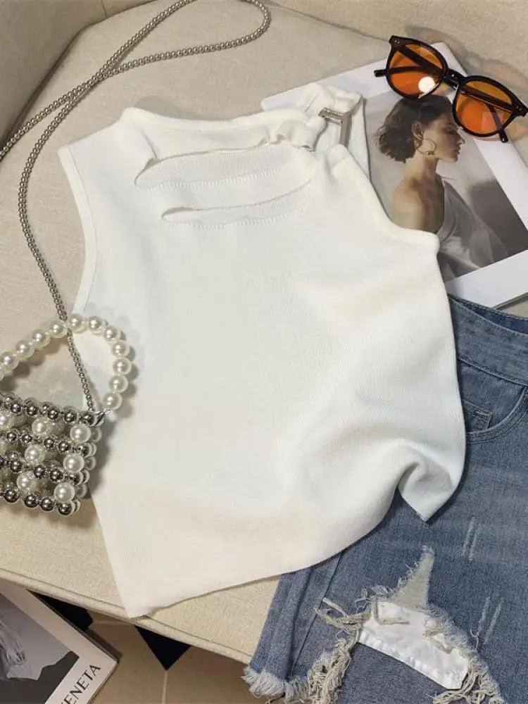 Women Fashion White Sleeveless Elegant Knit Short Vest Summer Black Sexy Club Hollow Out Tops Popular Vestidos Casual Streetwear