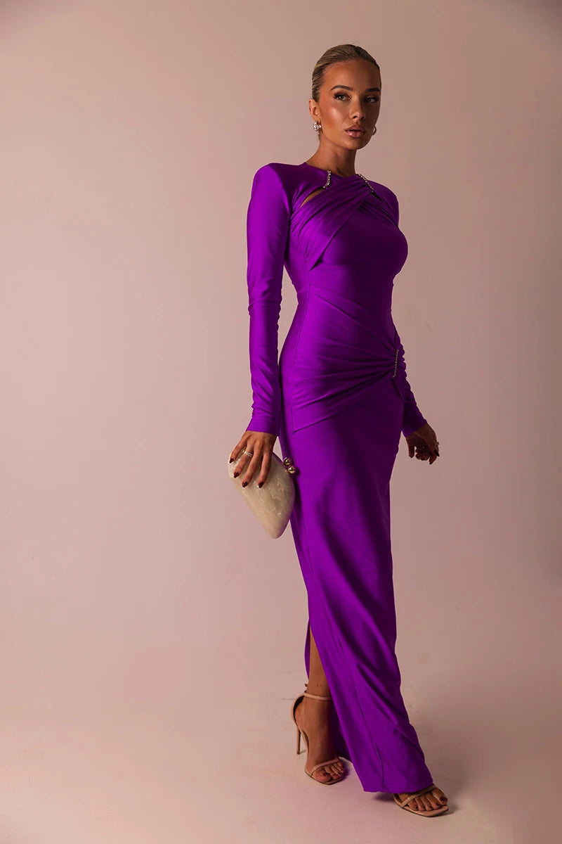 Hollow Out Long Sleeve Sexy Maxi Dress For Women Gown Fashion Solid Bodycon Ruched Club Evening Elegant Long Dress