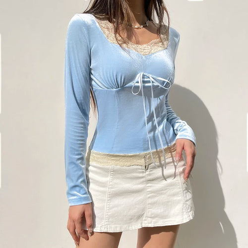 Load image into Gallery viewer, Korean Sweet Blue Velour Autumn T shirt Female Bow Lace Patched Slim Fashion Pullover Coquette Clothes Lolita Top New
